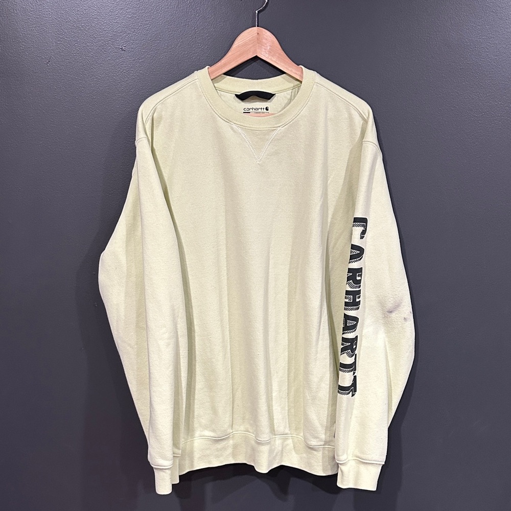 Carhartt Men’s Crewneck Sweatshirt in Pale Yellow with Sleeve Logo